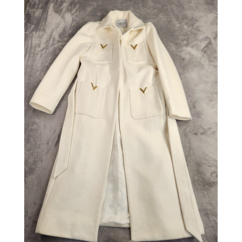 VALENTINO $6,900 Ivory Virgin Wool Silk Belted Long Coat Gold V Pockets size 38 - Picture 4 of 16